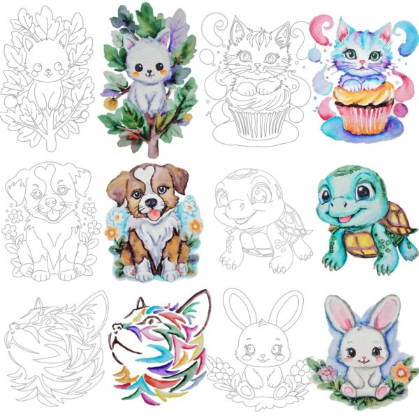 Kiwistart Erasable Watercolor Outlines 5.5 by 4.5 in - 6 pack small - Cute animals