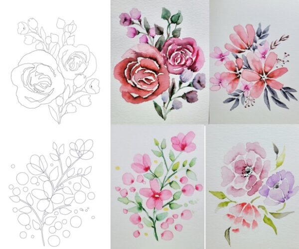 Kiwistart Erasable Watercolor Outlines 8.5 by 5.5 in - 4 pack medium - Flowers