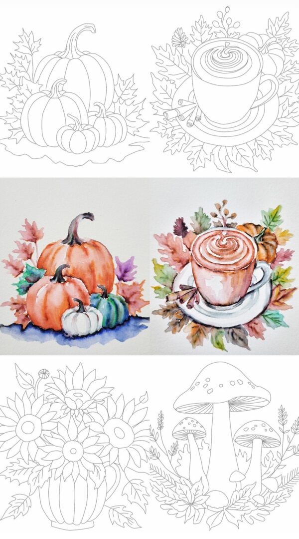 Kiwistart Erasable Watercolor Outlines 8.5 by 5.5 in - 4 pack medium - Fall