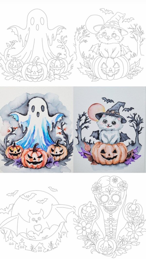 Kiwistart Erasable Watercolor Outlines 8.5 by 5.5 in - 4 pack medium - Halloween