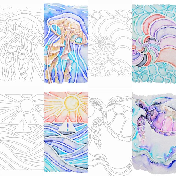 Kiwistart Erasable Watercolor Outlines 8.5 by 5.5 in - 4 pack medium - Coastal Art